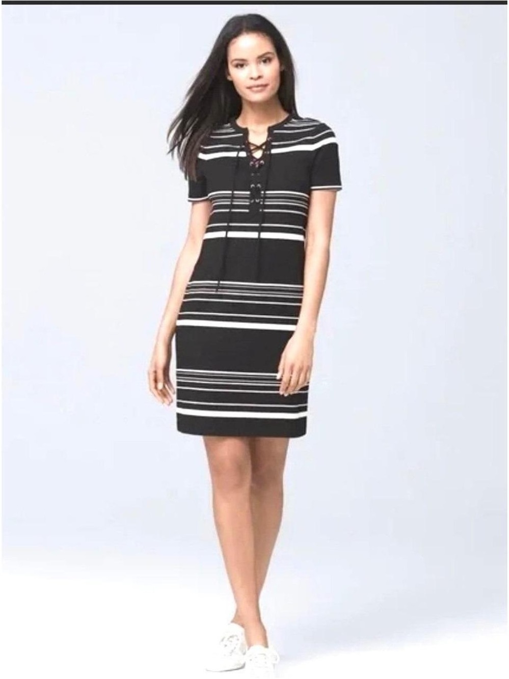 White House Black Market Black White Lace-Up Striped Mini Dress Stretchy Small
